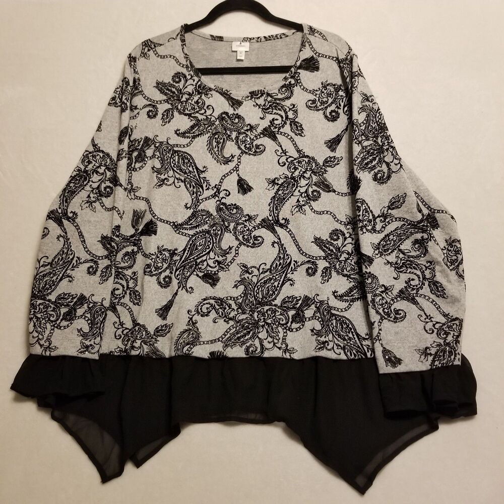 Dressbarn 3X Sweater Gray Black Flocked Velvet Accents Sequin Lightweight